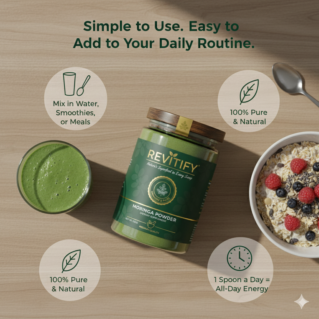 Revitify Moringa Leaf Powder – Natural Superfood to Beat Weakness, Boost Energy, Build Stamina & Support Immunity (200g)